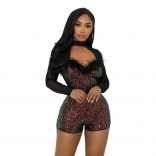 Black Mesh Long Sleeve Feather Sequined Bodycon Sexy Rompers