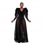 Black Mesh Ruffles Deep V Neck Long Sleeve See Through Sexy Party Evening Maxi Dress