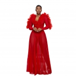 Red Mesh Ruffles Deep V Neck Long Sleeve See Through Sexy Party Evening Maxi Dress