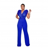 Blue Sleeveless Lace V Neck Embroidered Fashion Women Party Jumpsuits