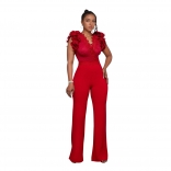 Red Sleeveless Lace V Neck Embroidered Fashion Women Party Jumpsuits