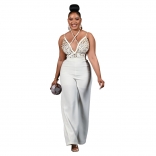 White Halter Deep V Neck Rhinestones Fashion Women Going Out Office Jumpsuit Dress