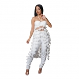 White Strapless Low Cut Mesh Flowers Tassels Two Pieces Jumpsuit
