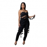 Black Strapless Low Cut Mesh Flowers Tassels Two Pieces Jumpsuit