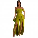 Green Off Shoulder Strapless Top Casual Pleated Slit Wide Leg Pant Sets