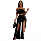 Black Off Shoulder Strapless Top Casual Pleated Slit Wide Leg Pant Sets