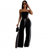 Black Off Shoulder Crop Top Two Pieces Striped Casual Pant Sets Dress