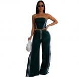 Green Off Shoulder Crop Top Two Pieces Striped Casual Pant Sets Dress
