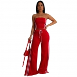 Red Off Shoulder Crop Top Two Pieces Striped Casual Pant Sets Dress