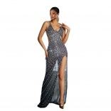 Black Elegant Rhinestones V Neck Mesh See Through Bodycon Evening Dress