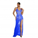Blue Elegant Rhinestones V Neck Mesh See Through Bodycon Evening Dress