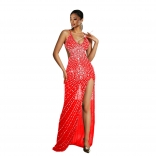 Red Elegant Rhinestones V Neck Mesh See Through Bodycon Evening Dress