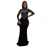 Black Mesh Rhinestones Bodycon Pearls Luxury Prom Evening Party Maxi Dress