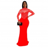 Red Mesh Rhinestones Bodycon Pearls Luxury Prom Evening Party Maxi Dress