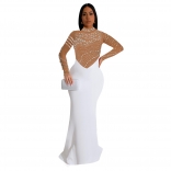 White Mesh Rhinestones Bodycon Pearls Luxury Prom Evening Party Maxi Dress