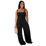 Black Off Shoulder Strappless Pleated Casual Wide Leg Jumpsuit Rompers