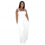 White Off Shoulder Strappless Pleated Casual Wide Leg Jumpsuit Rompers