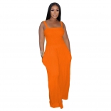 Orange Off Shoulder Strappless Pleated Casual Wide Leg Jumpsuit Rompers