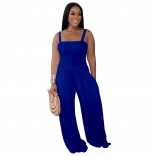 Blue Off Shoulder Strappless Pleated Casual Wide Leg Jumpsuit Rompers