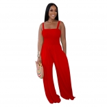 Red Off Shoulder Strappless Pleated Casual Wide Leg Jumpsuit Rompers