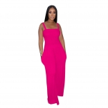 Rose Red Off Shoulder Strappless Pleated Casual Wide Leg Jumpsuit Rompers