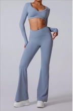 Gray Flare Leggings Yoga Pants Women High Waist Wide Leg Gym Pants Set