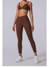 Brown Strapless V Neck Crop Tops Fiteness Bodycon Skinny Pants Yoga Sports Dress