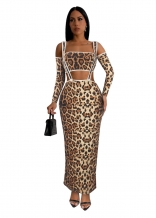 Khaki Casual Fashion Sexy Slim Fit Leopard Print Two Piece Long Sleeve Dress