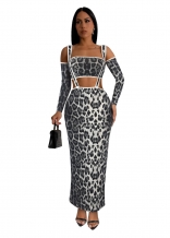 Gray Casual Fashion Sexy Slim Fit Leopard Print Two Piece Long Sleeve Dress