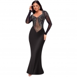 Black Mesh Rhinestones See Through Strapless Elegant Bodycon Party Prom Maxi Dress