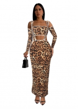 Yellow Casual Fashion Sexy Slim Fit Leopard Print Two Piece Long Sleeve Dress