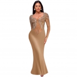 Beige Mesh Rhinestones See Through Strapless Elegant Bodycon Party Prom Maxi Dress