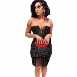 Black Off Shoulder V Neck Sequins Tassels Party Mini Dress