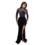 Black Mesh Rhinestone Bodycon Luxury Evening Party Prom Maxi Dress
