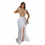 White Mesh Rhinestone Bodycon Luxury Evening Party Prom Maxi Dress