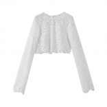 White Knitting Long Sleeve Slim Sexy Hollow Lace Crop Tops