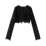 Black Knitting Long Sleeve Slim Sexy Hollow Lace Crop Tops