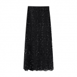 Black Knitting Slim Fit Hollow Lace Luxury Casual Skirt
