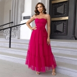 Rose Red Off Shoulder Mesh Lace Pleated Ruffles Evening Prom Elegant Wedding Long Dress