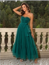 Green Off Shoulder Mesh Lace Pleated Ruffles Evening Prom Elegant Wedding Long Dress