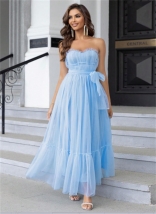 Sky Blue Off Shoulder Mesh Lace Pleated Ruffles Evening Prom Elegant Wedding Long Dress