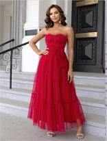 Red Off Shoulder Mesh Lace Pleated Ruffles Evening Prom Elegant Wedding Long Dress