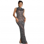 Black Sleeveless Diamonds Elegant Evening Party Mesh See Through Bodycon Gowns Dress