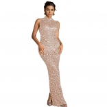 Beige Sleeveless Diamonds Elegant Evening Party Mesh See Through Bodycon Gowns Dress