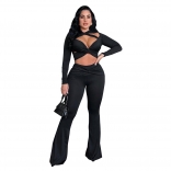 Black Long Sleeve V Neck Crop Tops Two Pieces Bodycon Sexy Club Pant Sets