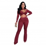 Red Long Sleeve V Neck Crop Tops Two Pieces Bodycon Sexy Club Pant Sets