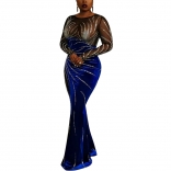 Blue Elegant Mesh Rhinestones See Through Velvet Party Prom Maxi Dress