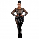 Black Elegant Mesh Rhinestones See Through Velvet Party Prom Maxi Dress