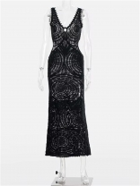 Black Sleeveless Knitted Hollow Out Fashion Casual Women Maxi Dress