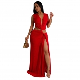 Red Sleeveless Deep V Neck Snacted Hollow Out Fashion Maxi Dress